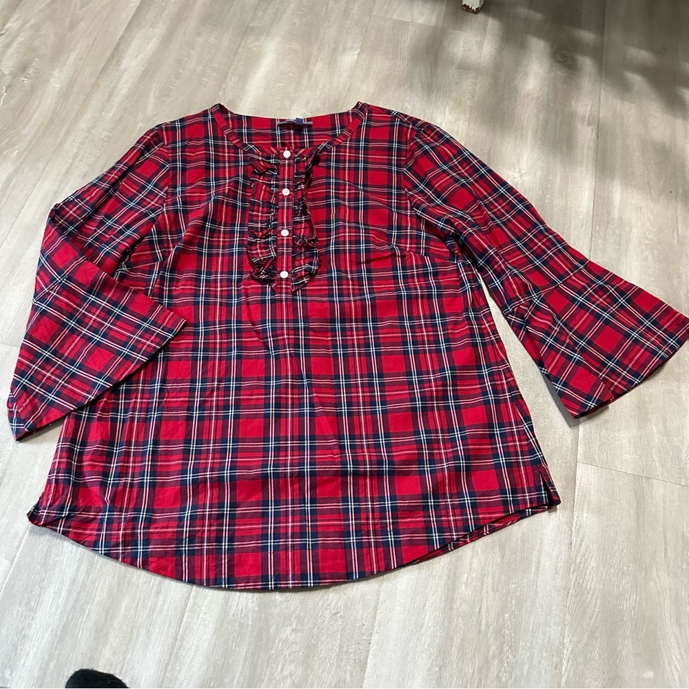 Draper James Red Plaid Ruffle Placket Tunic Top Sz S - Picture 2 of 9